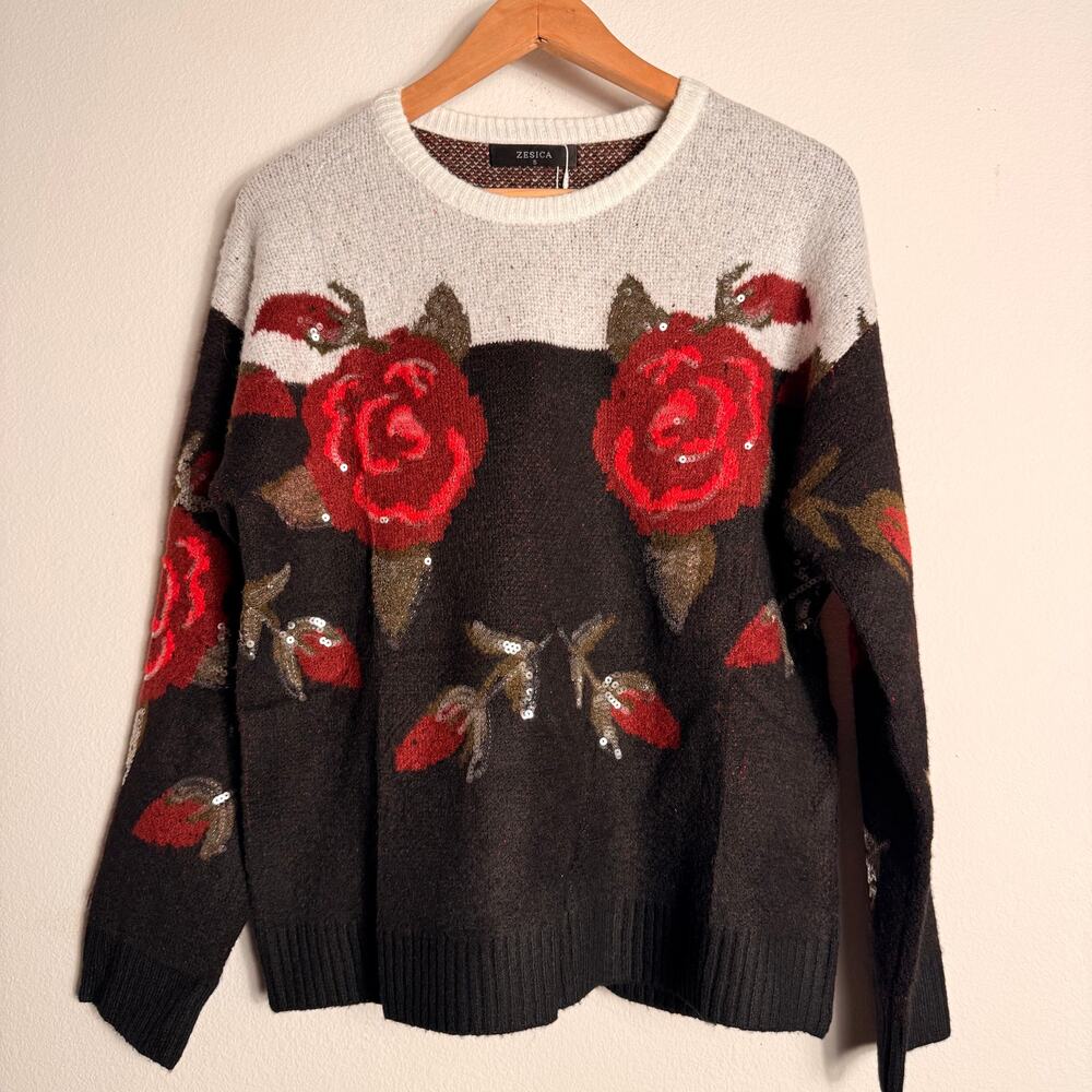 ZESICA Red Rose Sequin Knit Sweater Black Cream Size Small NWT